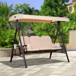 Outsunny 29 Outsunny Outdoor Patio 3-Person Steel Canopy Cushioned Seat Bench Swing With Included Side Trays & Padded Comfort