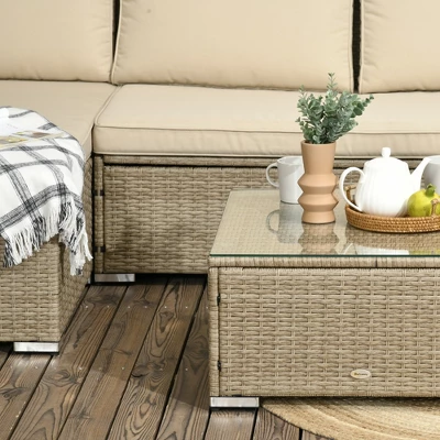 Outsunny 3 Piece Patio Furniture Set, Rattan Outdoor Sofa Set With Chaise Lounge & Loveseat, Soft Cushions, Storage, Table, Sectional Couch, Khaki 4 Outsunny 3 Piece Patio Furniture Set, Rattan Outdoor Sofa Set With Chaise Lounge & Loveseat, Soft Cushions, Storage, Table, Sectional Couch, Khaki - Image 4