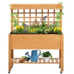 Outsunny 41'' Raised Garden Bed Mobile Elevated Wooden Planter Box Stand With Wheels, Trellis And Storage Shelf, Brown -Outsunny GUEST d7413eda c4b9 4635 b734 82e6a86b314c