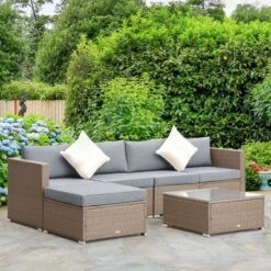 Outsunny 6 Piece Patio Furniture Set Outdoor Wicker Conversation PE Rattan Sectional Sofa Set With Ottoman, Tempered Glass Table, Gray