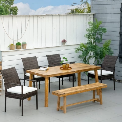 Outsunny Outdoor Dining Set For 6, Patio Dining Furniture Set With PE Wicker Chairs, Armrests, Wood Loveseat Bench & Dinner Table, Cushions, White 2 Outsunny Outdoor Dining Set For 6, Patio Dining Furniture Set With PE Wicker Chairs, Armrests, Wood Loveseat Bench & Dinner Table, Cushions, White - Image 2