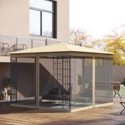 Outsunny 10' X 10' Replacement Mesh Sidewall Netting For Patio Gazebos And Canopy Tents With Zippers (Sidewall Only), Beige