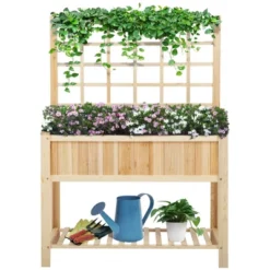 Outsunny 47'' Wooden Raised Garden Bed With Trellis, Coutryside Style Elevated Planter Stand With Open Storage Shelf For Vegetables, Herbs, Flowers -Outsunny GUEST dee8dcbc f61c 46ad afc5 5ff5a2ac58a8