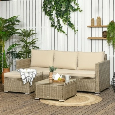 Outsunny 3 Piece Patio Furniture Set, Rattan Outdoor Sofa Set With Chaise Lounge & Loveseat, Soft Cushions, Storage, Table, Sectional Couch, Khaki 1 Outsunny 3 Piece Patio Furniture Set, Rattan Outdoor Sofa Set With Chaise Lounge & Loveseat, Soft Cushions, Storage, Table, Sectional Couch, Khaki