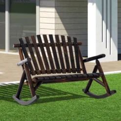 Outsunny Wooden Rocking Chair, Indoor Outdoor Porch Rocker With Slatted Design, High Back For Backyard, Garden