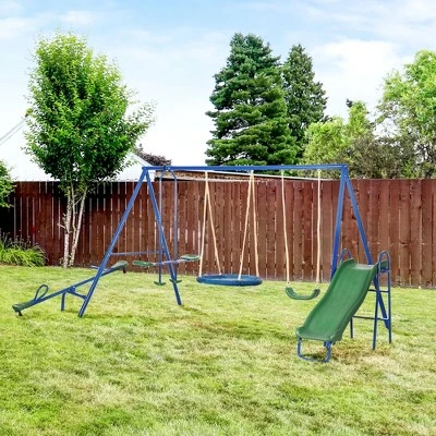Outsunny 5-in-1 Kids Swing Set Backyard Playground Set With Saucer Swing, Outdoor Slide, Seesaw, Metal Swing Set Outdoor Playset Equipment 1 Outsunny 5-in-1 Kids Swing Set Backyard Playground Set With Saucer Swing, Outdoor Slide, Seesaw, Metal Swing Set Outdoor Playset Equipment