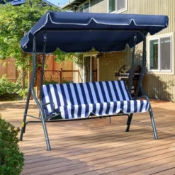 Outsunny 3-Person Porch Swing With Canopy, Patio Swing Chair, Outdoor Canopy Swing Bench With Adjustable Shade, Cushion And Steel Frame