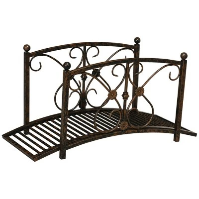 Outsunny 3.4FT Metal Arch Zen Garden Bridge With Safety Siderails, Decorative Footbridge, Delicate Floral Scrollwork For Stream, Fish Pond, Brown 3 Outsunny 3.4FT Metal Arch Zen Garden Bridge With Safety Siderails, Decorative Footbridge, Delicate Floral Scrollwork For Stream, Fish Pond, Brown - Image 3