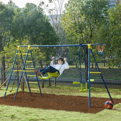 Outsunny Kids Metal Swing Set For Backyard, Outdoor Play Equipment, With Adjustable Swing Seat, Glider, Basket Hoop, Climb Ladder & Rope, A-Frame Stand, For 3-10 Years Old, Blue 2 Outsunny Kids Metal Swing Set For Backyard, Outdoor Play Equipment, With Adjustable Swing Seat, Glider, Basket Hoop, Climb Ladder & Rope, A-Frame Stand, For 3-10 Years Old, Blue - Image 2