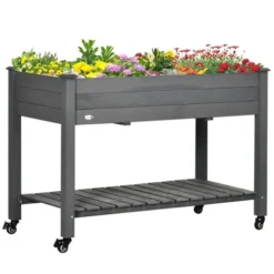 Outsunny 47" X 21" Raised Garden Bed, Elevated Wooden Planter Box W/ Lockable Wheels, Storage Shelf, And Bed Liner For Backyard, Patio -Outsunny GUEST f0e58579 047c 428e af40 335cca6e00aa