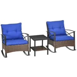 Outsunny 3 Piece Rocking Bistro Set, Outdoor Wicker Patio Furniture, 2 Porch Rockers, Table, Tufted Cushions, Conversation Set, Dark Blue -Outsunny GUEST f1d80936 74a8 47ed b81c c7f634688463