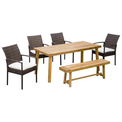 Outsunny Outdoor Dining Set For 6, Patio Dining Furniture Set With PE Wicker Chairs, Armrests, Wood Loveseat Bench & Dinner Table, Cushions, White 3 Outsunny Outdoor Dining Set For 6, Patio Dining Furniture Set With PE Wicker Chairs, Armrests, Wood Loveseat Bench & Dinner Table, Cushions, White - Image 3