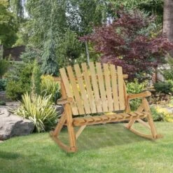 Outsunny Outdoor Adirondack Rocking Chair With Log Slatted Design, 2-Seat Patio Wooden Rocker Loveseat With High Back For Lawn Backyard Garden