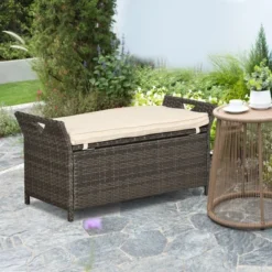 Outsunny 41 Outsunny Outdoor PE Rattan Two-In-One Storage Bench, Patio Wicker Large Capacity Footstool Rectangle Basket Box W/ Handles & Cushion