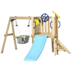 Outsunny Wooden Outdoor Playset With Baby Swing Seat, Toddler Slide, Wheel, Telescope, Backyard Playground Set, Kids Playground Equipment, Ages 1.5-4 -Outsunny GUEST f67df025 6cd4 4cee b4cb adf36896b919