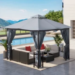 Outsunny 13' X 11' Patio Gazebo Canopy Garden Tent Sun Shade, Outdoor Shelter With 2 Tier Roof, Netting And Curtains, Steel Frame For Patio, Backyard, Garden